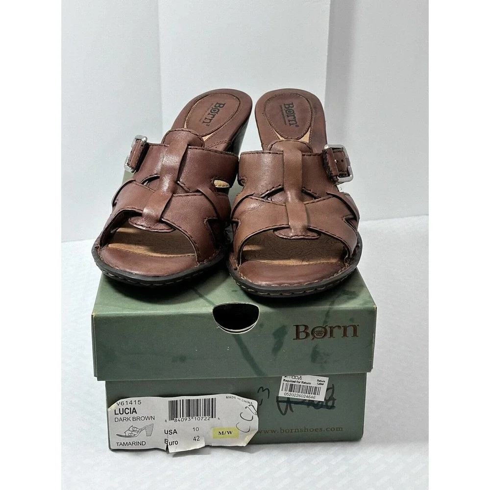 Born Lucia Dark Brown Leather Summer Slide Heel Size 10 M/W‎ Sandals